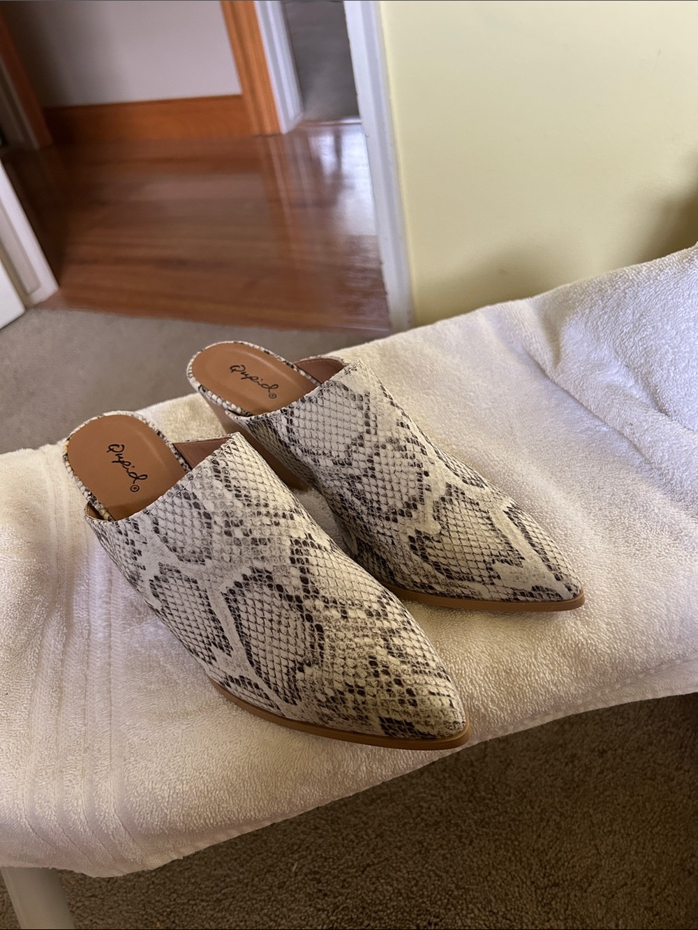Qupid Women's Snake-Print Pointed Toe Mules in Neutral Tones